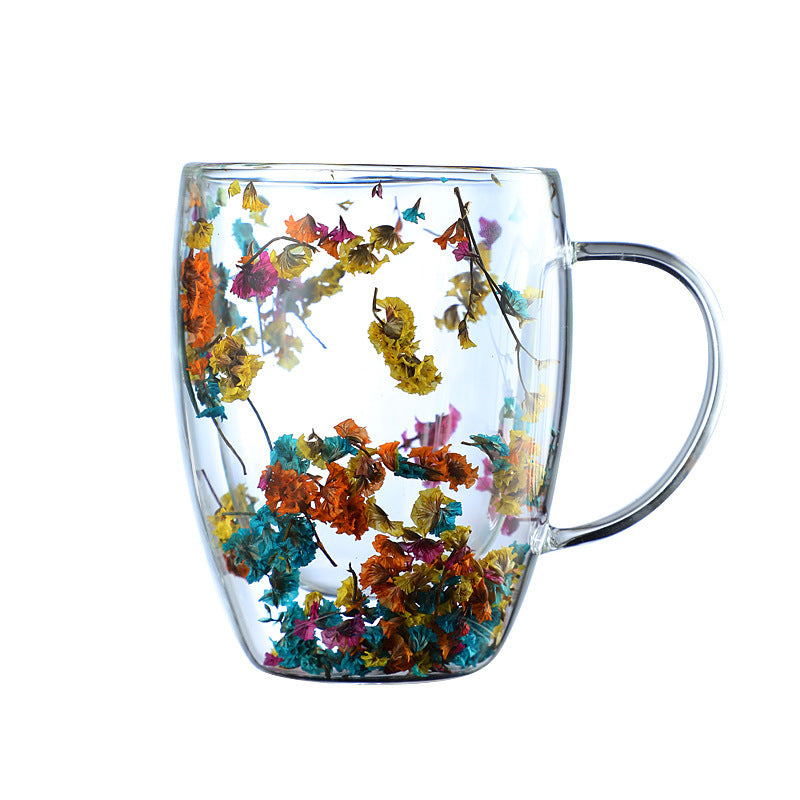 Dried Flower Double Layer Glass Cup Real Flower Cyber Celebrity Style Quicksand Cup