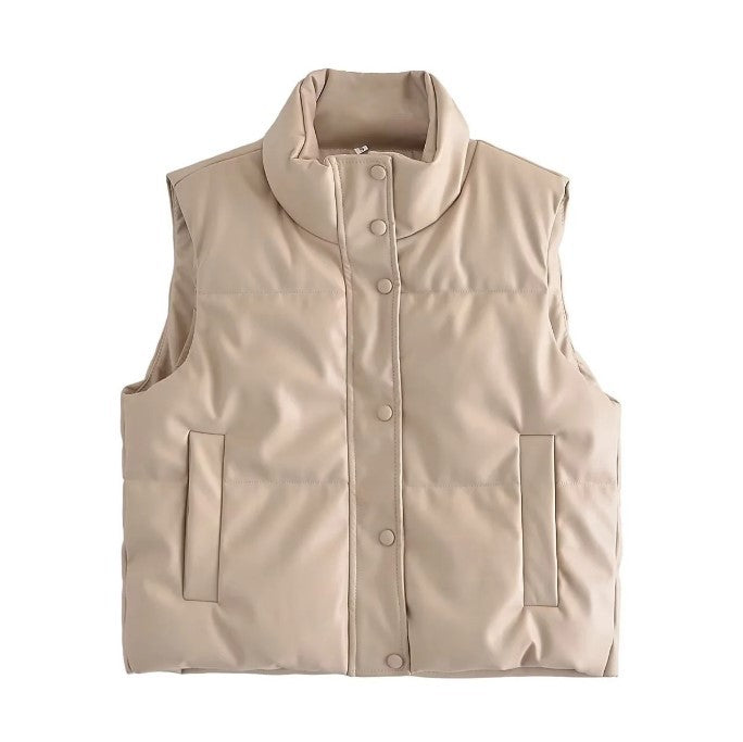 Women Polyester Cotton-padded Jacket Vest Sleeveless Stand Collar Vest Top