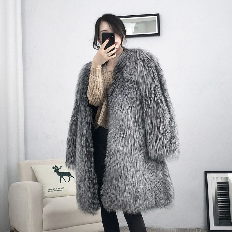 Woman’s coat Mid-length Fox Fur Faux Fur Coat Women's Warm Leisure Overcoat