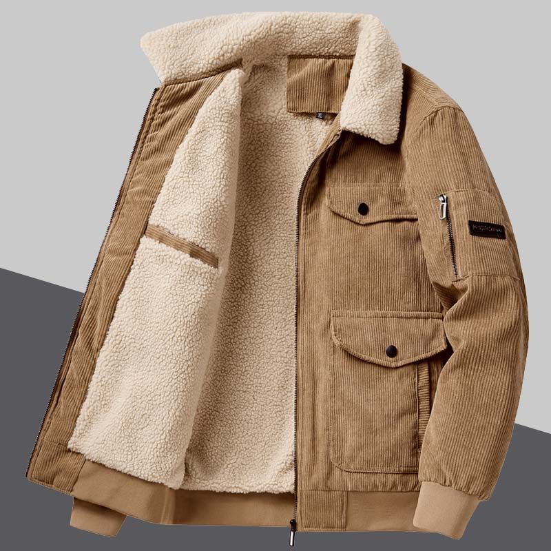 Men’s Winter coat Fashion Corduroy Korean Style Large Pocket Lambswool Velvet Padded Thickened Coat Men