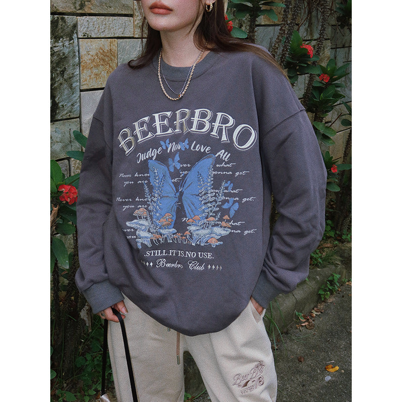 Girl Retro sweater American butterfly print embroidered pullover sweater girl