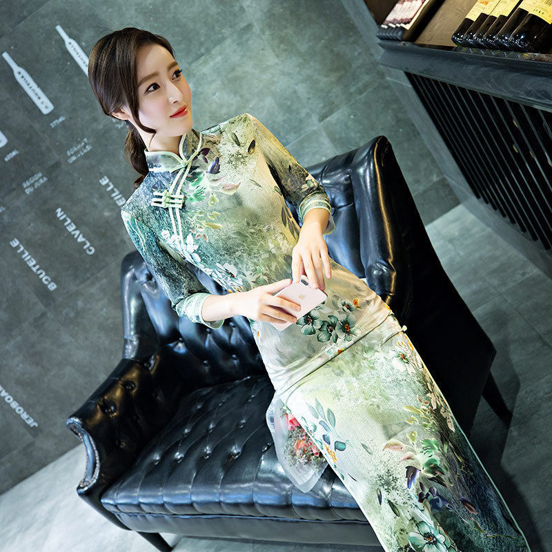 Republic Of China Style Three-quarter Sleeve Double-layer Silk Cheongsam Dress