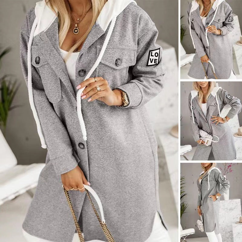 Woman’s fashion sleeve coat Hooded Button Long Sleeve Coat For Women