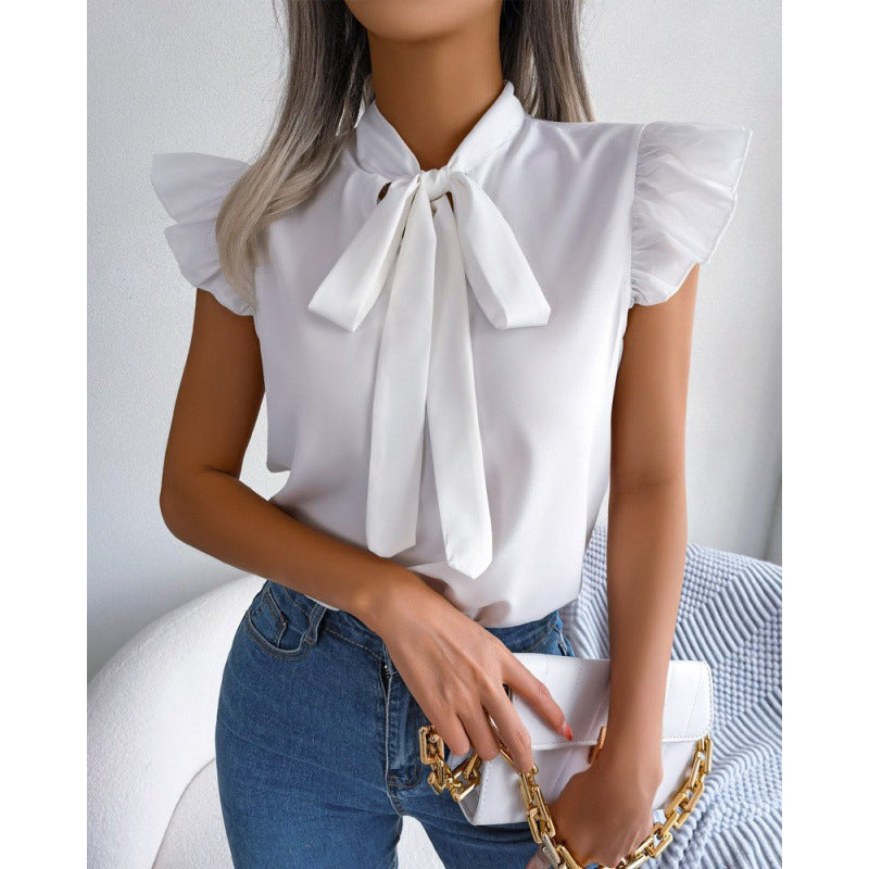 Summer Solid Color Minimalist Bowknot Short Sleeve Shirt