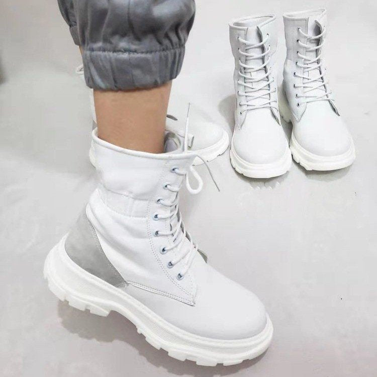 Winter Round Toe Long Mid-tube Solid Color Viscose Shoes Stitching Martin Boots Women