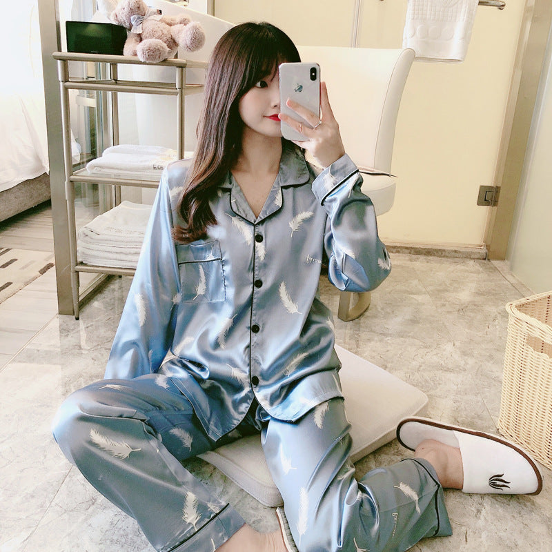 Woman pajamas Sweet Luxury 5050 Artificial Silk Lapel Long Sleeve Trousers Home Wear Two-piece Suit