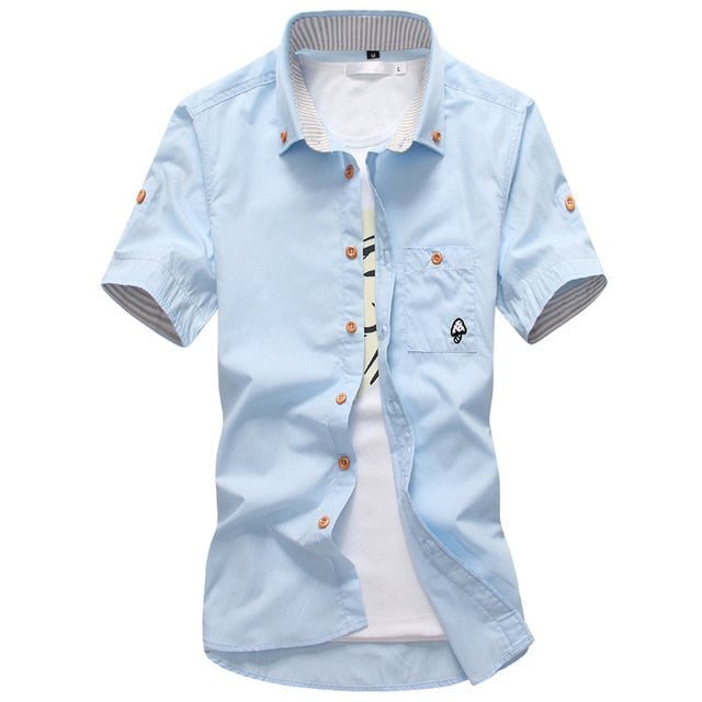 Mushroom Embroidery Mens Short Sleeve Casual Shirt