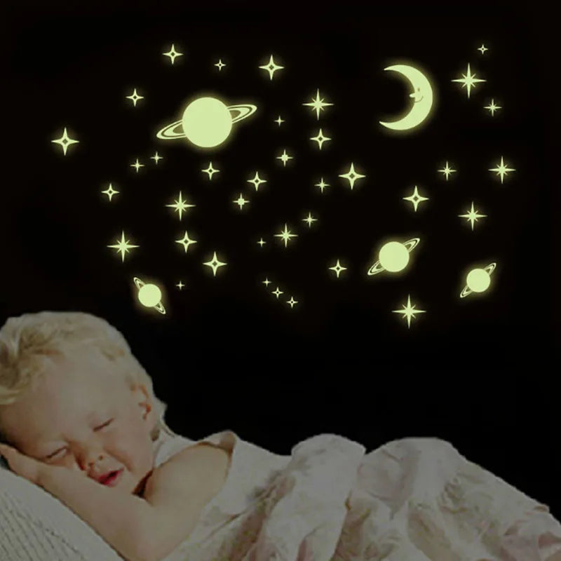 Luminous Galaxy Moon Stars Wall Stickers Saturn Art Design Stickers for Kids Room Home Decoration Wall Decals Glow in the Dark