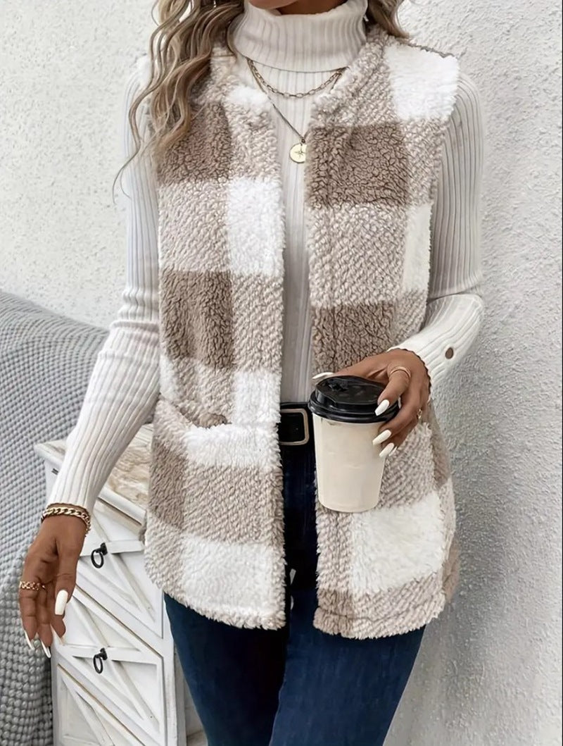 Woman’s coat Loose Plaid Color Stitching Knitted Cardigan Sweater coat