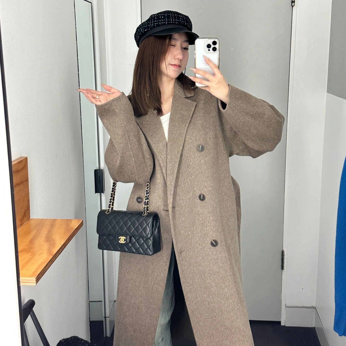 Woman’s coat Loose Design Wool Blended Brush Pattern Lace-up Double Sided Cotton Coat