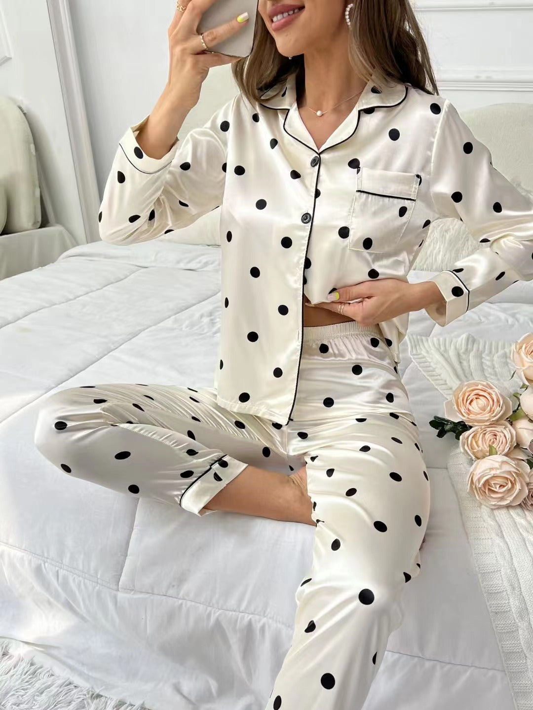 Woman pajamas Sweet Luxury 5050 Artificial Silk Lapel Long Sleeve Trousers Home Wear Two-piece Suit