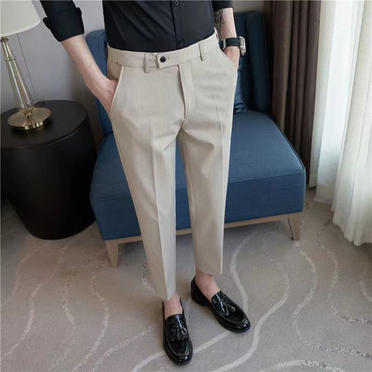 Elastic Waist Suit Pants Men's Ankle-length Slim-fit Casual Pants