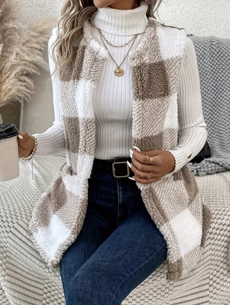 Woman’s coat Loose Plaid Color Stitching Knitted Cardigan Sweater coat