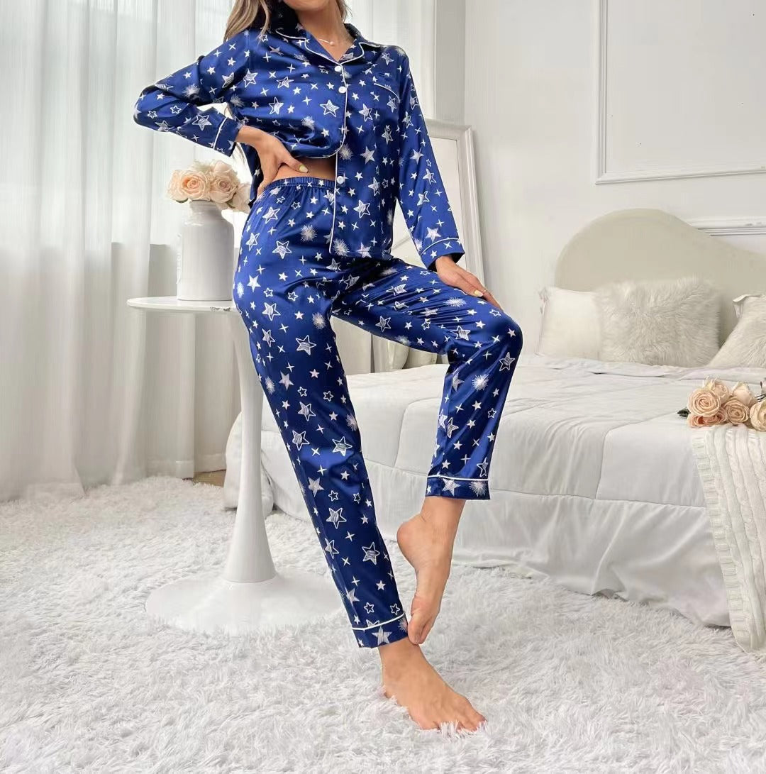 Woman pajamas Sweet Luxury 5050 Artificial Silk Lapel Long Sleeve Trousers Home Wear Two-piece Suit