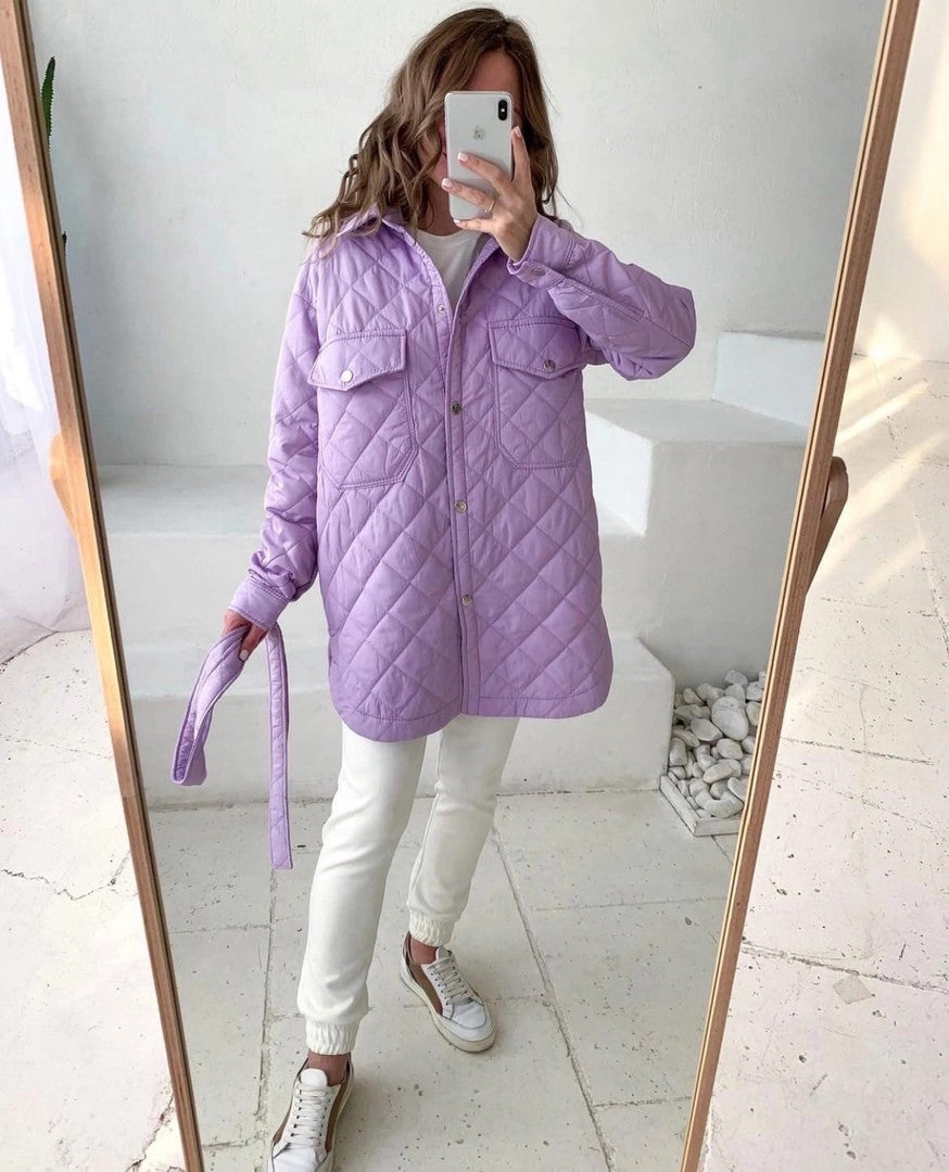 Long Breasted Lapel Loose And Warm Rhombus Cotton-padded Jacket