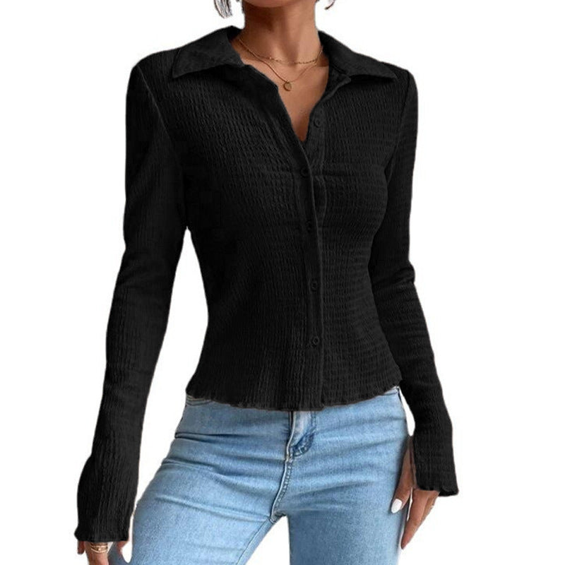 Women's Solid Color Stitching Split Sleeve Cardigan Button Top Lapel T-shirt