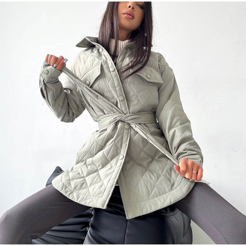 Long Breasted Lapel Loose And Warm Rhombus Cotton-padded Jacket