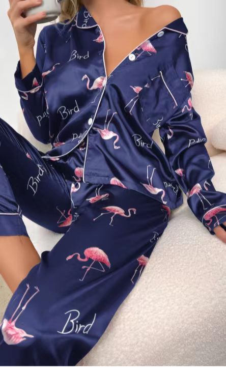 Woman pajamas Sweet Luxury 5050 Artificial Silk Lapel Long Sleeve Trousers Home Wear Two-piece Suit