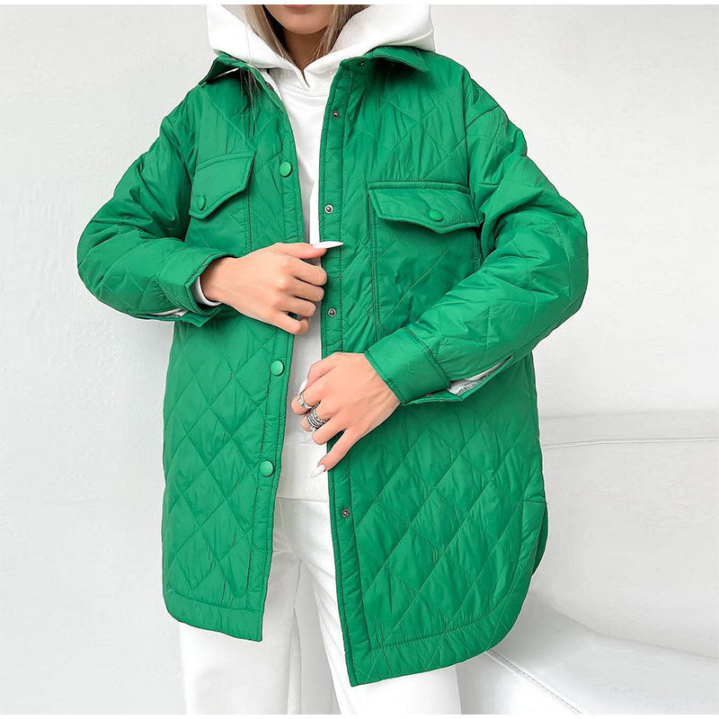 Long Breasted Lapel Loose And Warm Rhombus Cotton-padded Jacket