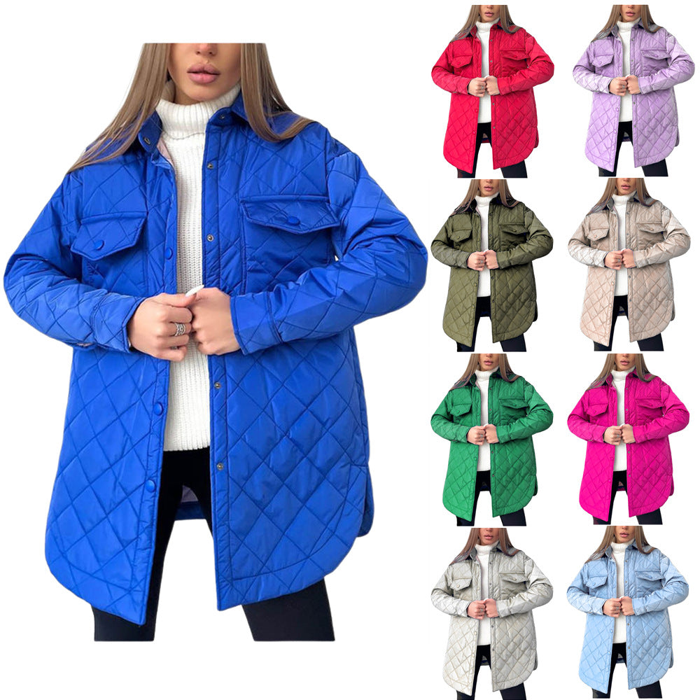 Long Breasted Lapel Loose And Warm Rhombus Cotton-padded Jacket