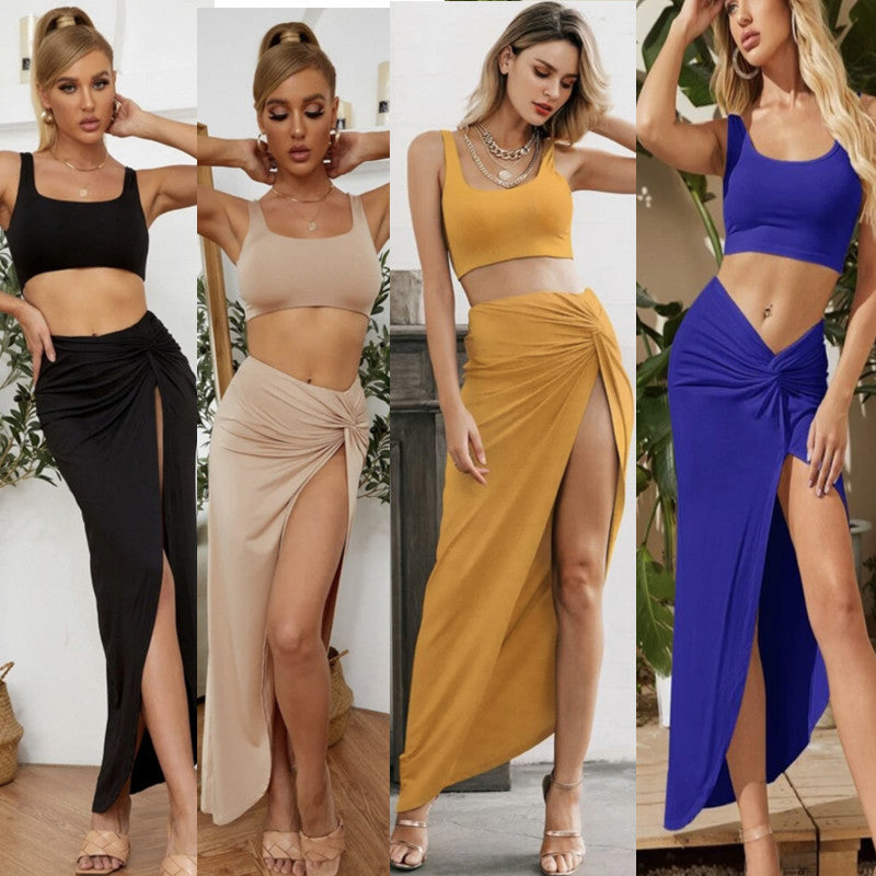 Women's Strap Tube Top Mid-length High Slit Two-piece Set