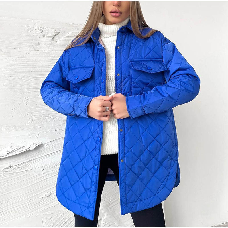 Long Breasted Lapel Loose And Warm Rhombus Cotton-padded Jacket