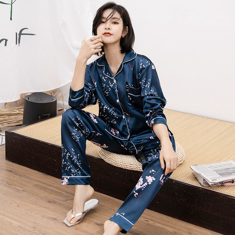 Woman pajamas Sweet Luxury 5050 Artificial Silk Lapel Long Sleeve Trousers Home Wear Two-piece Suit