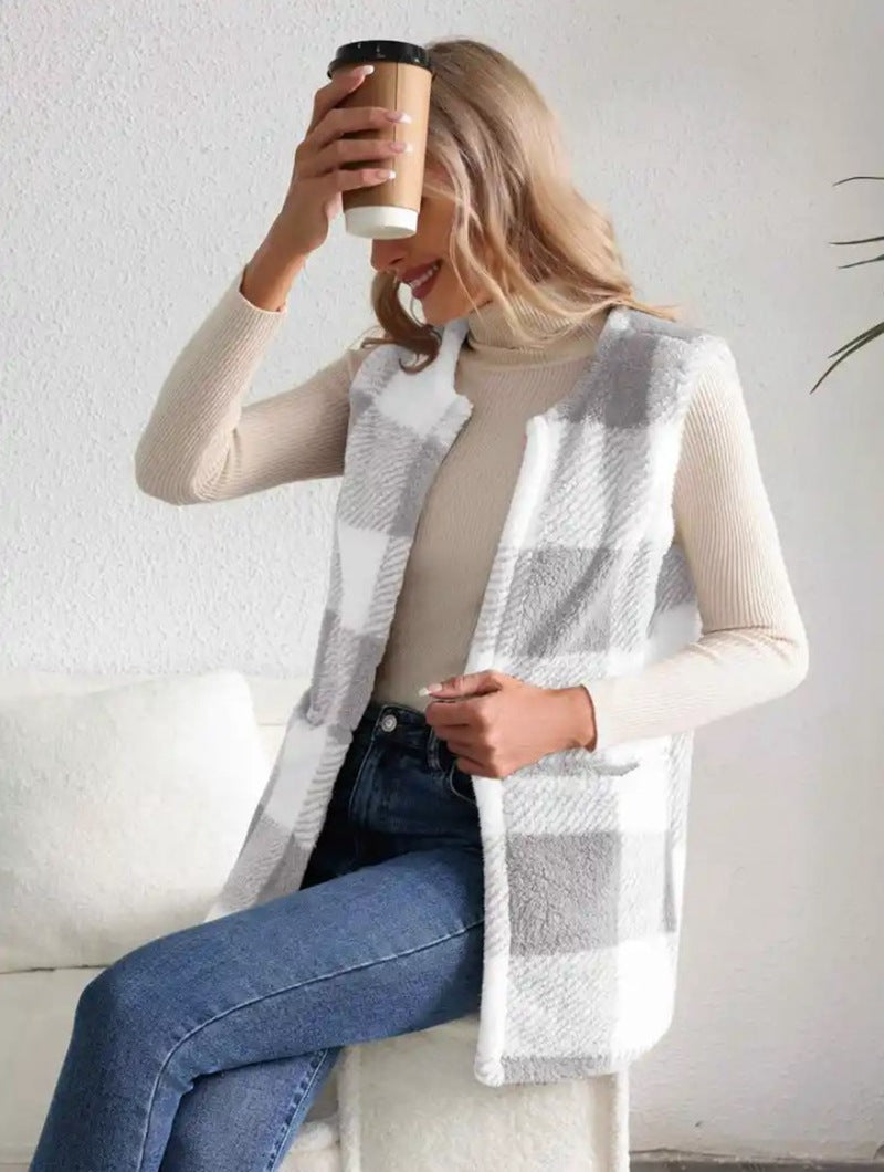 Woman’s coat Loose Plaid Color Stitching Knitted Cardigan Sweater coat