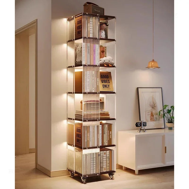 Fashion Acrylic Bookcase for Office Modern Rotating Bookcase with Wheels Light Luxury Transparent Design Storage Locker for Home