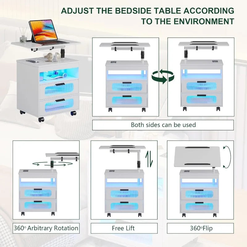 Nightstand with Wireless Charging Station, LED Nightstand Has Adjustable Rotary Workstation,Smart Night Stand with 2 Drawers,