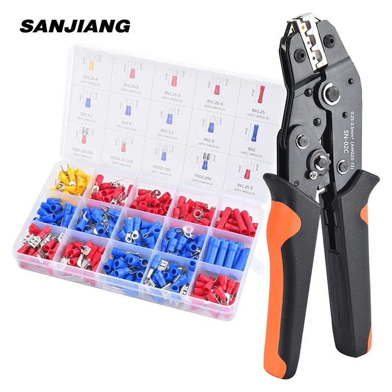 SN-02C Wire Crimping Tool Kit AWG 23-13 280PCS Insulated Wire Electrical Connectors-Butt, Ring, Spade, Cable Lugs Wire Crimp Set