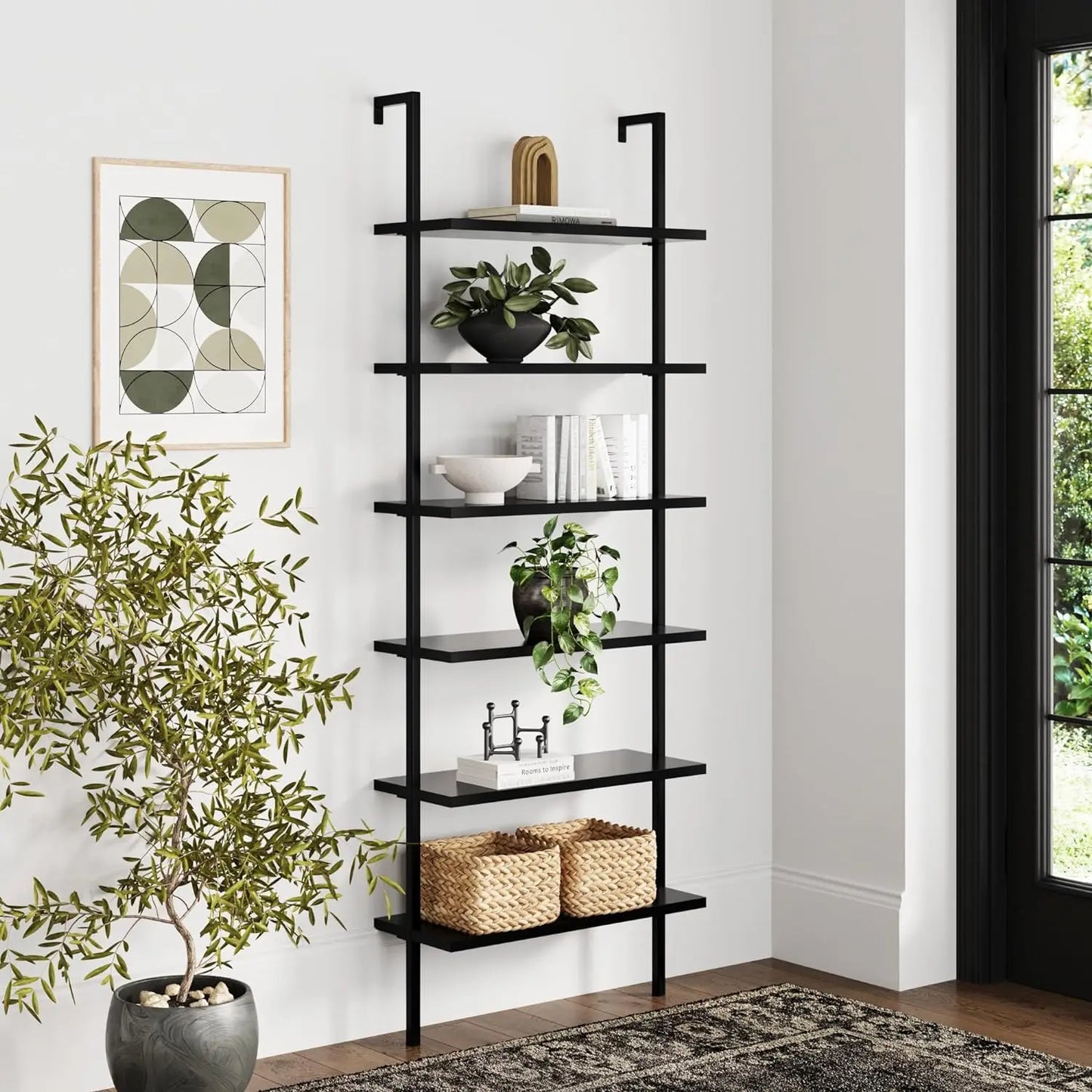 Nathan James Tall Bookcase Wall Mount Bookshelf Wood Shelves and Metal Frame Matte Black libreria scaffale home furniture