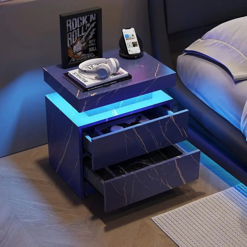 Nightstand LED Bedside Table Cabinet Lights Modern End Side with 2 Drawers for Bedroom