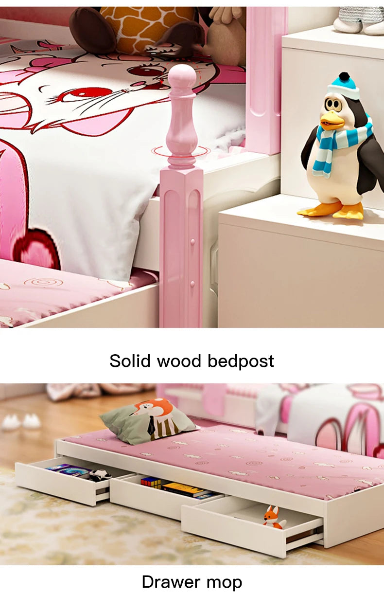 Lovely Girl Kids Princess Bunk Bed In Pink Solid Wood High And Low Bed Adult Child Mother Bed Multi-Functional Children's Bed