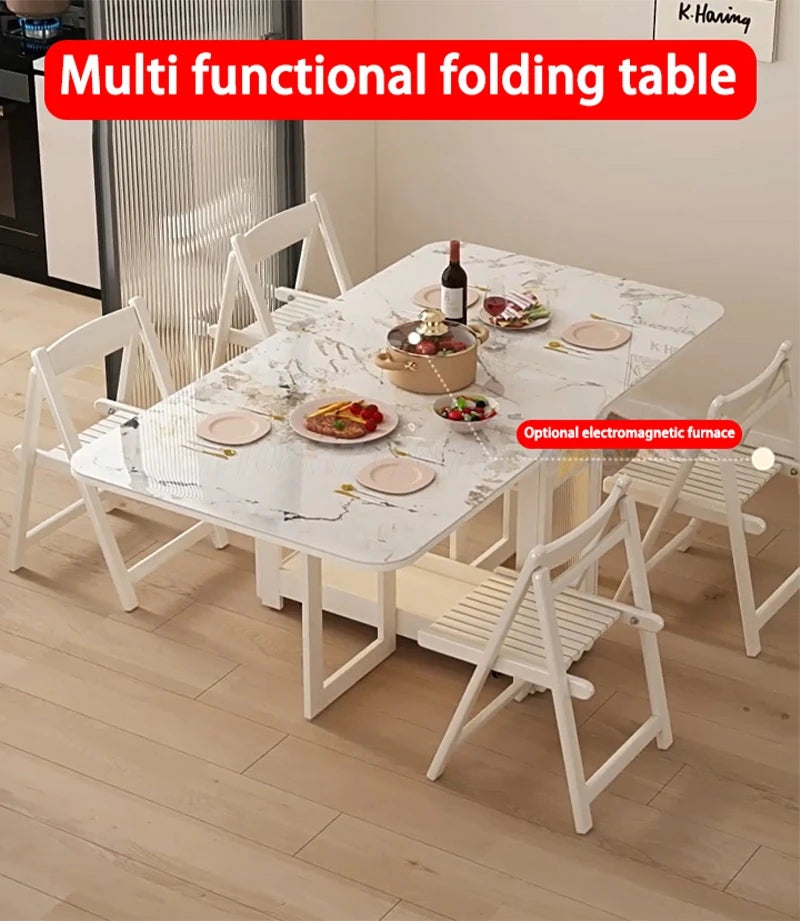 Foldable Dining Table For Small Household Folding Table To Save Space Movable 1.4m Wood Table With 0/2/4/6 Chair Combination Set