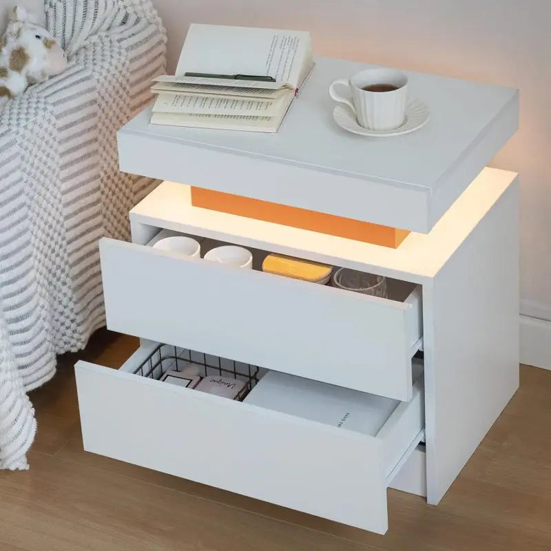 Nightstand LED Bedside Table Cabinet Lights Modern End Side with 2 Drawers for Bedroom