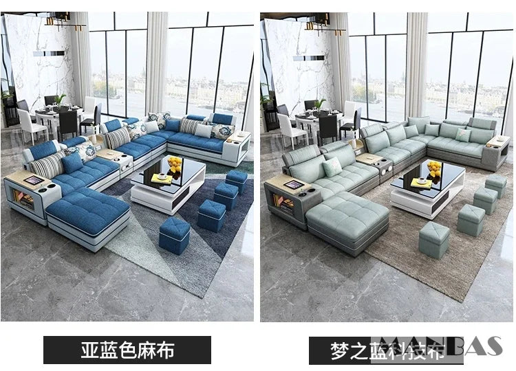 Nordic Fabric Sofa Set with Bluetooth Speaker & USB - Modern Living Room Modular Sofas Big U Shape Corner Cloth Couch