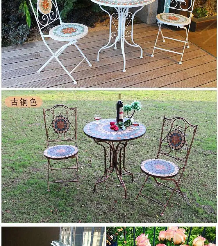 Outdoor Balcony Table and Chair Mosaic Iron Three-Piece Set Outdoor Courtyard Garden Furniture Lightweight Folding Armchair