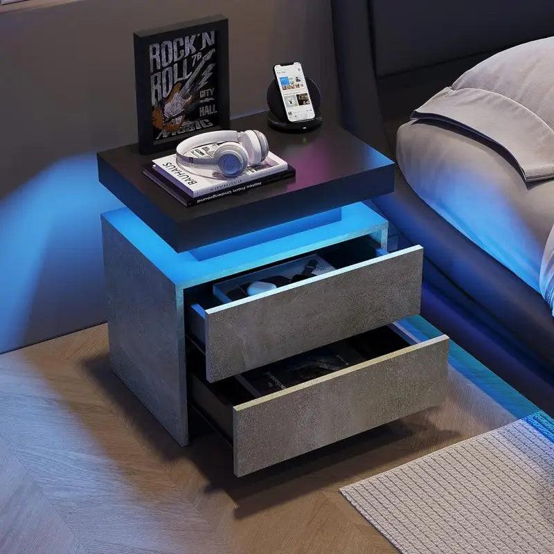 Nightstand LED Bedside Table Cabinet Lights Modern End Side with 2 Drawers for Bedroom