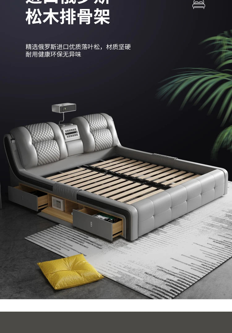 King Size Tatami Bed Multi Function Smart Projector Leather Bed Massage Modern Cama Casal Bedroom Furniture Luxury