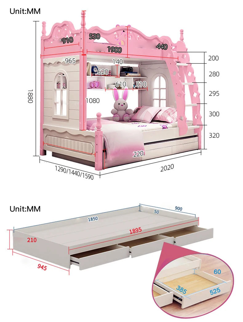 Lovely Girl Kids Princess Bunk Bed In Pink Solid Wood High And Low Bed Adult Child Mother Bed Multi-Functional Children's Bed