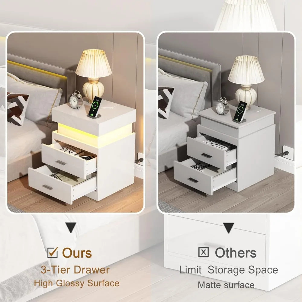 LED Nightstand with Charging Station,Smart Night Stand with Sliding Top Storage, 2-Drawers High Gloss Bedside Table