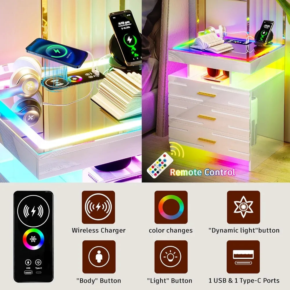 Bedroom Furniture Glass With Touch Screen Bedside Table RGB LED Bedside Table With Charging Station Home