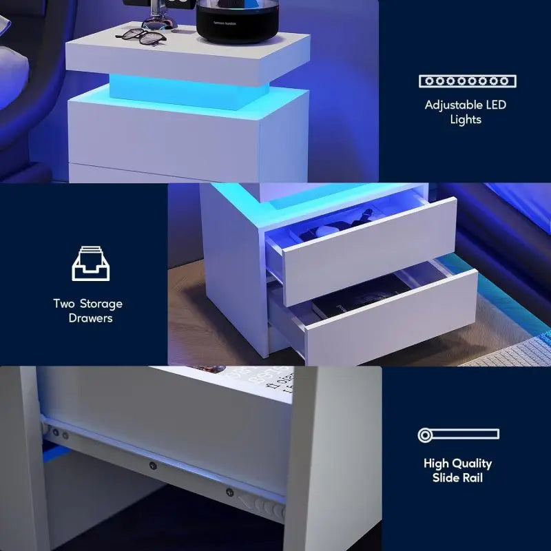 Nightstand LED Bedside Table Cabinet Lights Modern End Side with 2 Drawers for Bedroom