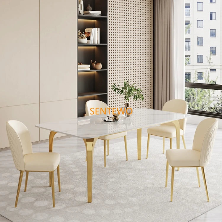 Luxury  Rock Slab dining tables dinning chair set Metal Titanium golden base Faux Marble table kitchen furniture chaises salle