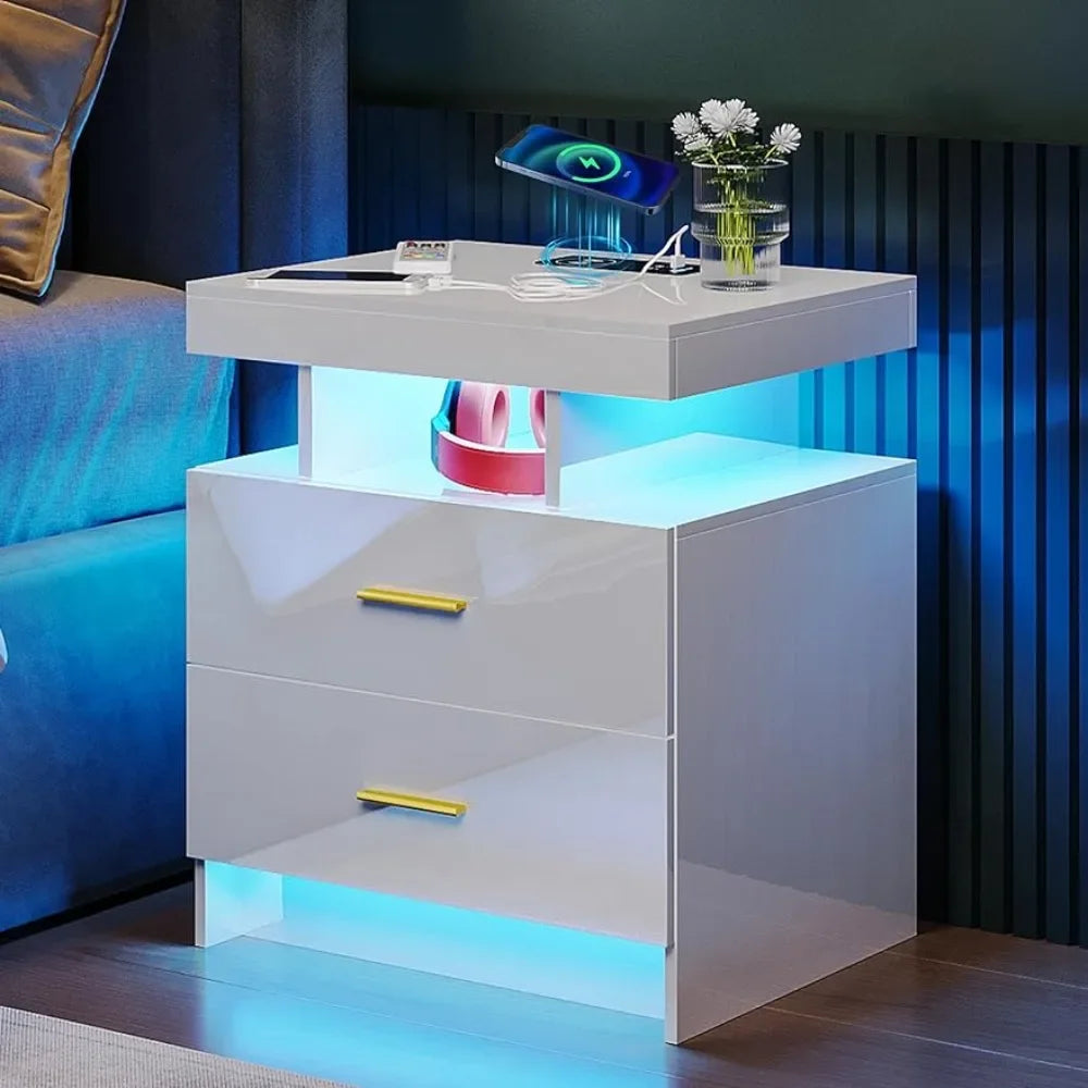 LED Nightstands with Charging Station, High Gloss Night Stand with Human Sensor, Bedside Tables with 2 Drawers, Nightstand，White