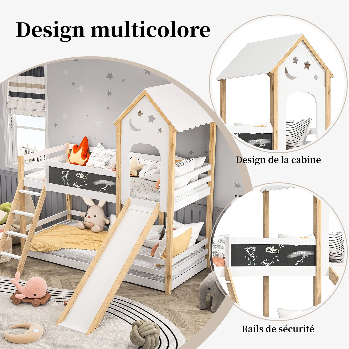 Bunk Bed, Children's Bed, Solid Wood Bed,with Stairs and Blackboard, White Wooden Bed with Slide for Children, 90 x 200 cm