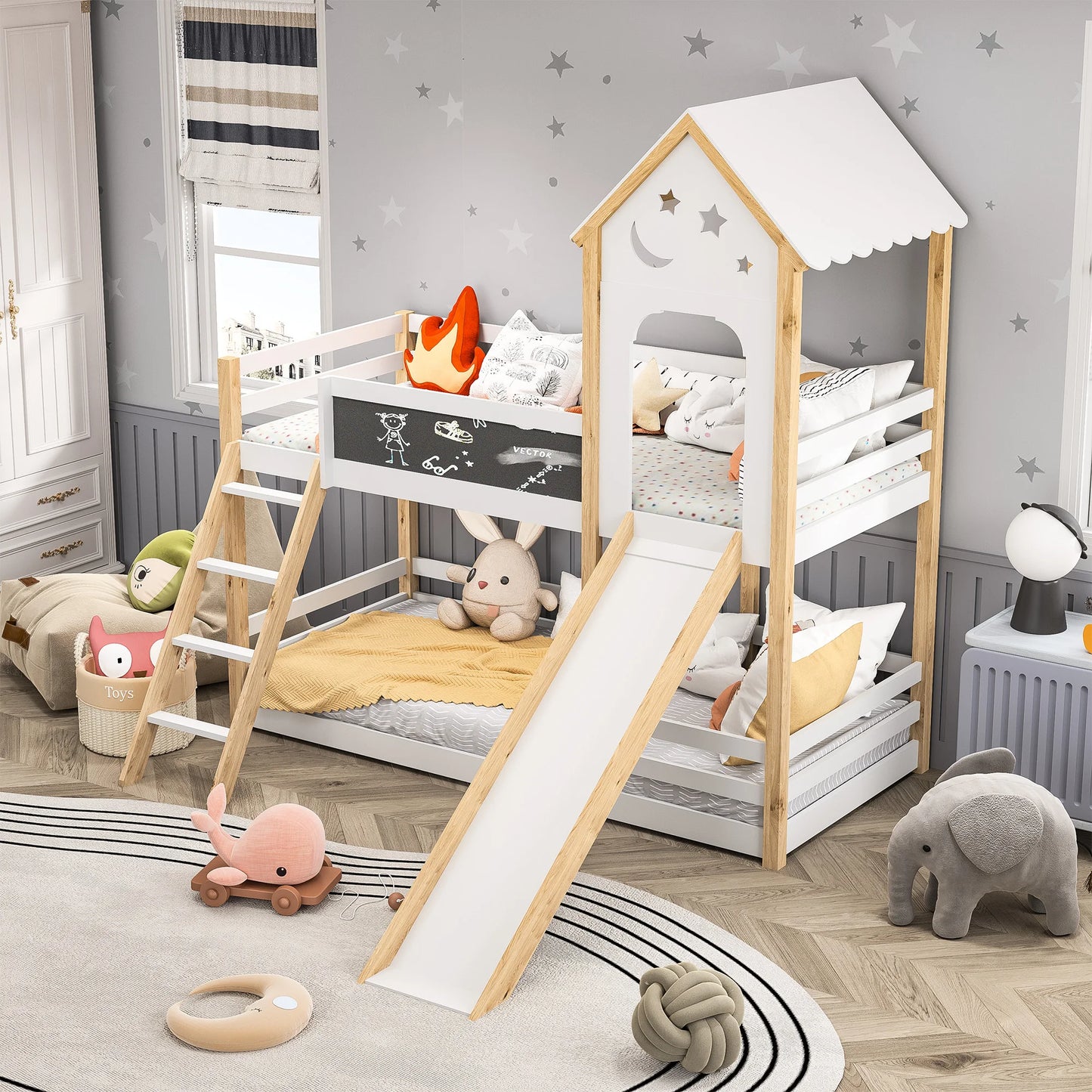 Bunk Bed, Children's Bed, Solid Wood Bed,with Stairs and Blackboard, White Wooden Bed with Slide for Children, 90 x 200 cm