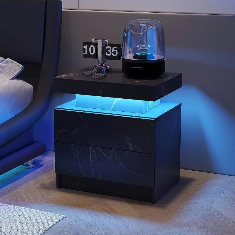 Nightstand LED Bedside Table Cabinet Lights Modern End Side with 2 Drawers for Bedroom