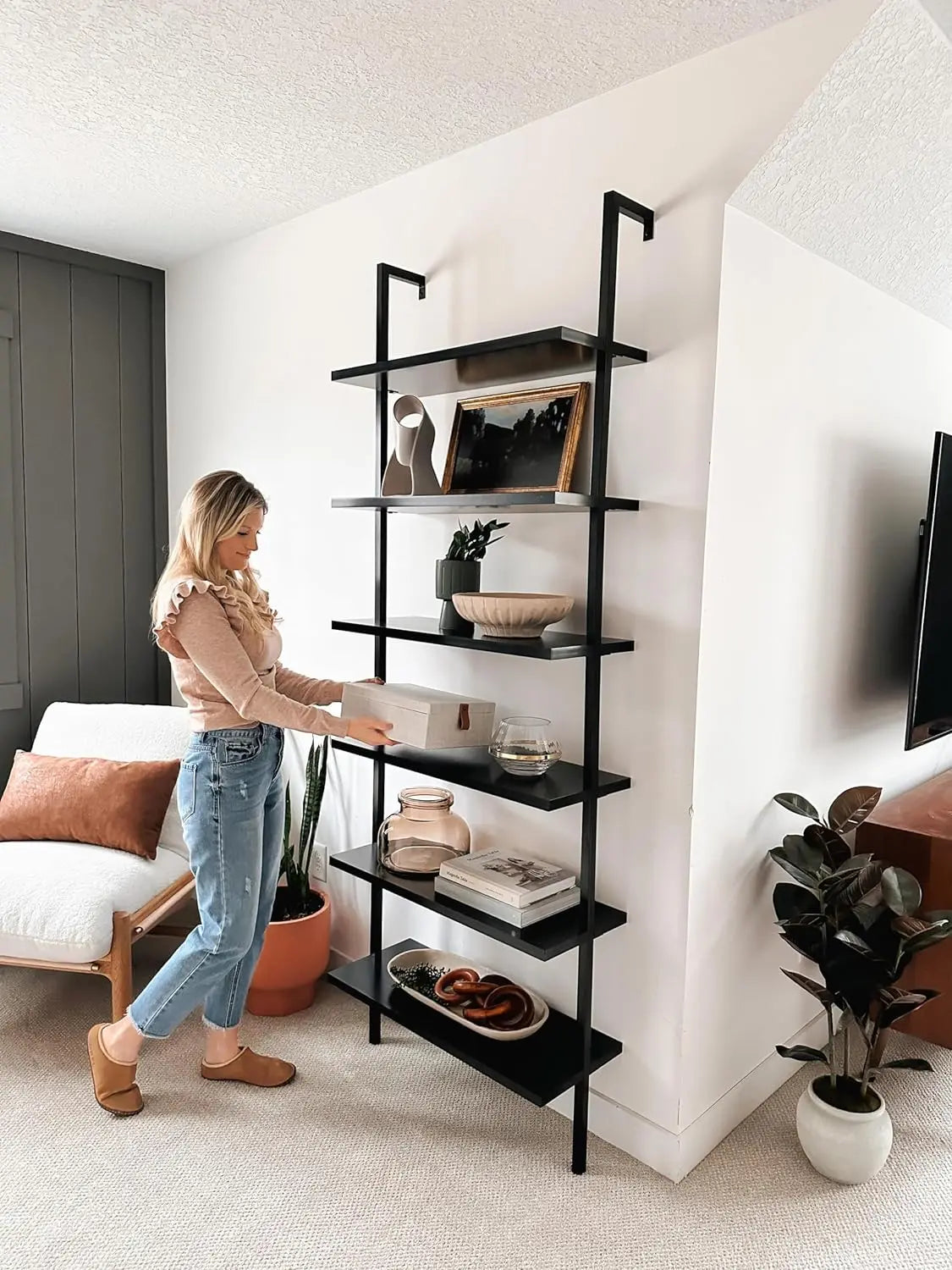 Nathan James Tall Bookcase Wall Mount Bookshelf Wood Shelves and Metal Frame Matte Black libreria scaffale home furniture